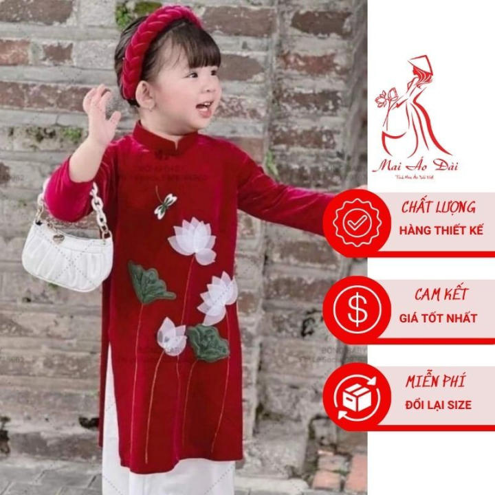 Áo dài cho bé gái, áo dài đỏ cách tân bé gái vải Nhung thêu Hoa Sen xinh xắn kèm ảnh - Áo Dài Hoàng Mai